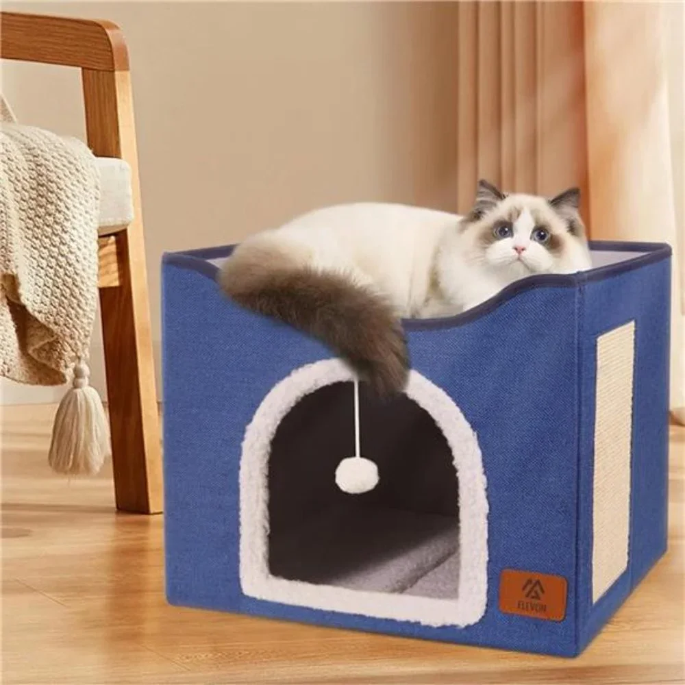 Elevon Cat Beds, Cat House Cat Cave Beds with Scratch Pad, Foldable (Blue)